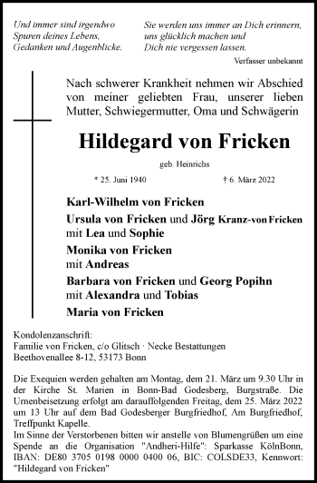 Anzeige von Hildegard von Fricken von General-Anzeiger Bonn