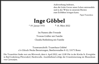 Anzeige von Inge Göbbel von General-Anzeiger Bonn