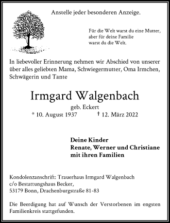 Anzeige von Irmgard Walgenbach von General-Anzeiger Bonn