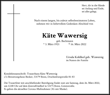 Anzeige von Käte Wawersig von General-Anzeiger Bonn