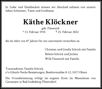 Anzeige von Käthe Klöckner von General-Anzeiger Bonn