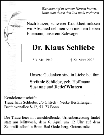 Anzeige von Klaus Schliebe von General-Anzeiger Bonn