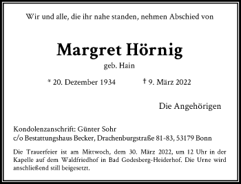 Anzeige von Margret Hörnig von General-Anzeiger Bonn