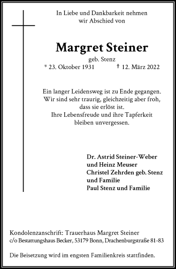 Anzeige von Margret Steiner von General-Anzeiger Bonn