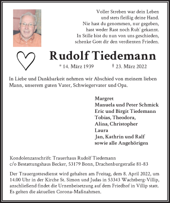 Anzeige von Rudolf Tiedemann von General-Anzeiger Bonn