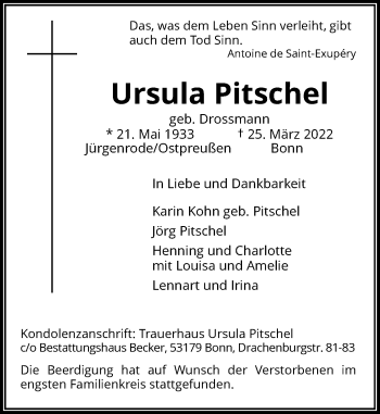 Anzeige von Ursula Pitschel von General-Anzeiger Bonn