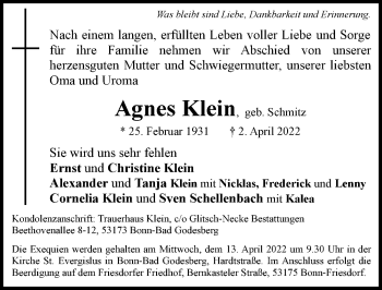 Anzeige von Agnes Klein von General-Anzeiger Bonn