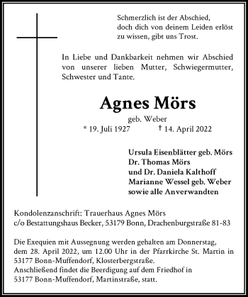 Anzeige von Agnes Mörs von General-Anzeiger Bonn