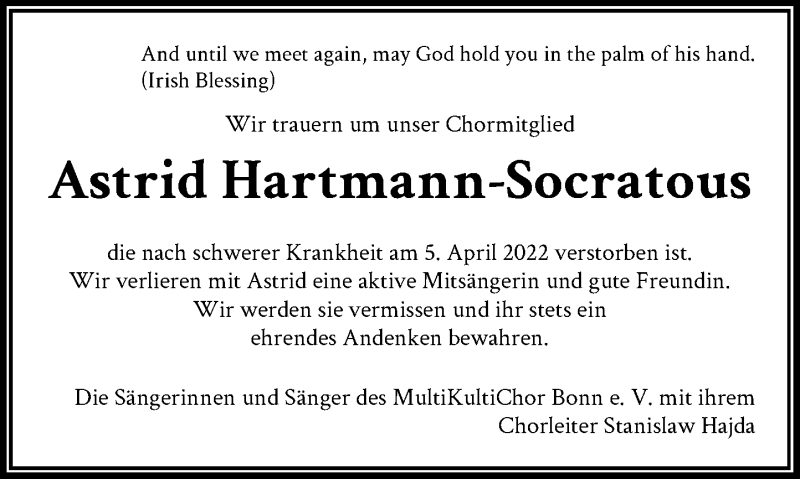  Traueranzeige für Astrid Hartmann-Socratous vom 20.04.2022 aus General-Anzeiger Bonn