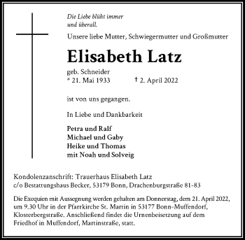 Anzeige von Elisabeth Latz von General-Anzeiger Bonn