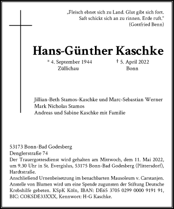 Anzeige von Hans-Günther Kaschke von General-Anzeiger Bonn