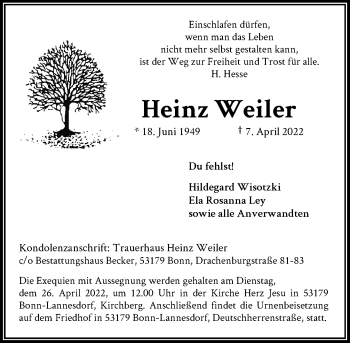 Anzeige von Heinz Weiler von General-Anzeiger Bonn