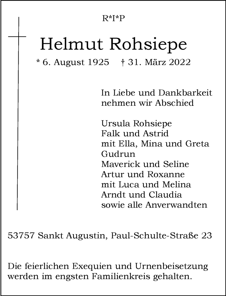  Traueranzeige für Helmut Rohsiepe vom 09.04.2022 aus General-Anzeiger Bonn