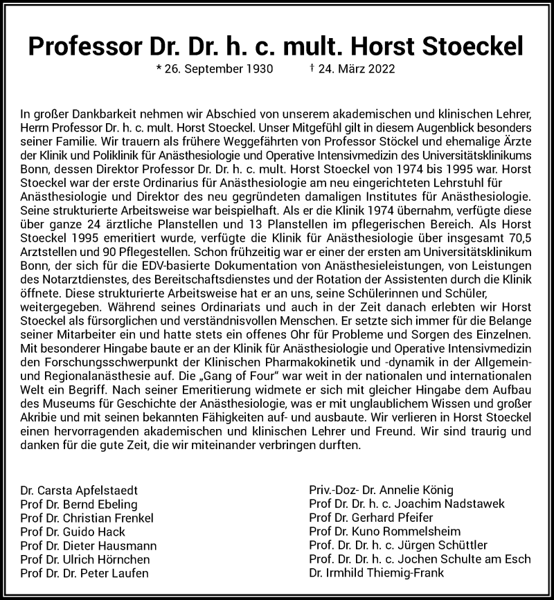  Traueranzeige für Horst Stoeckel vom 02.04.2022 aus General-Anzeiger Bonn