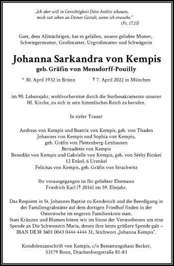 Anzeige von Johanna Sarkandra von Kempis von General-Anzeiger Bonn