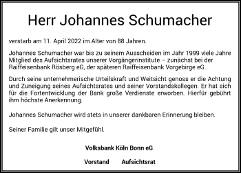 Anzeige von Johannes Schumacher von General-Anzeiger Bonn