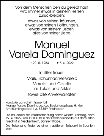 Anzeige von Manuel Varela Dominguez von General-Anzeiger Bonn