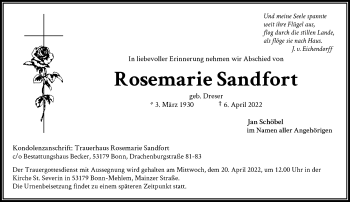 Anzeige von Rosemarie Sandfort von General-Anzeiger Bonn