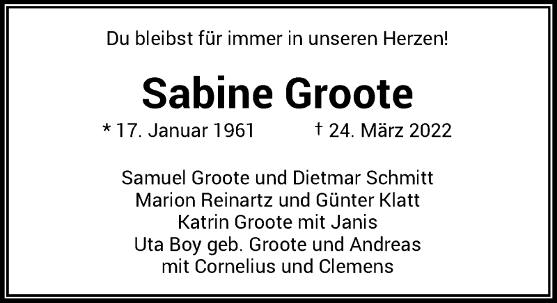  Traueranzeige für Sabine Groote vom 09.04.2022 aus General-Anzeiger Bonn