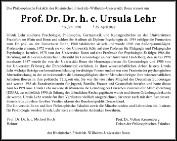 Anzeige von Ursula Lehr von General-Anzeiger Bonn