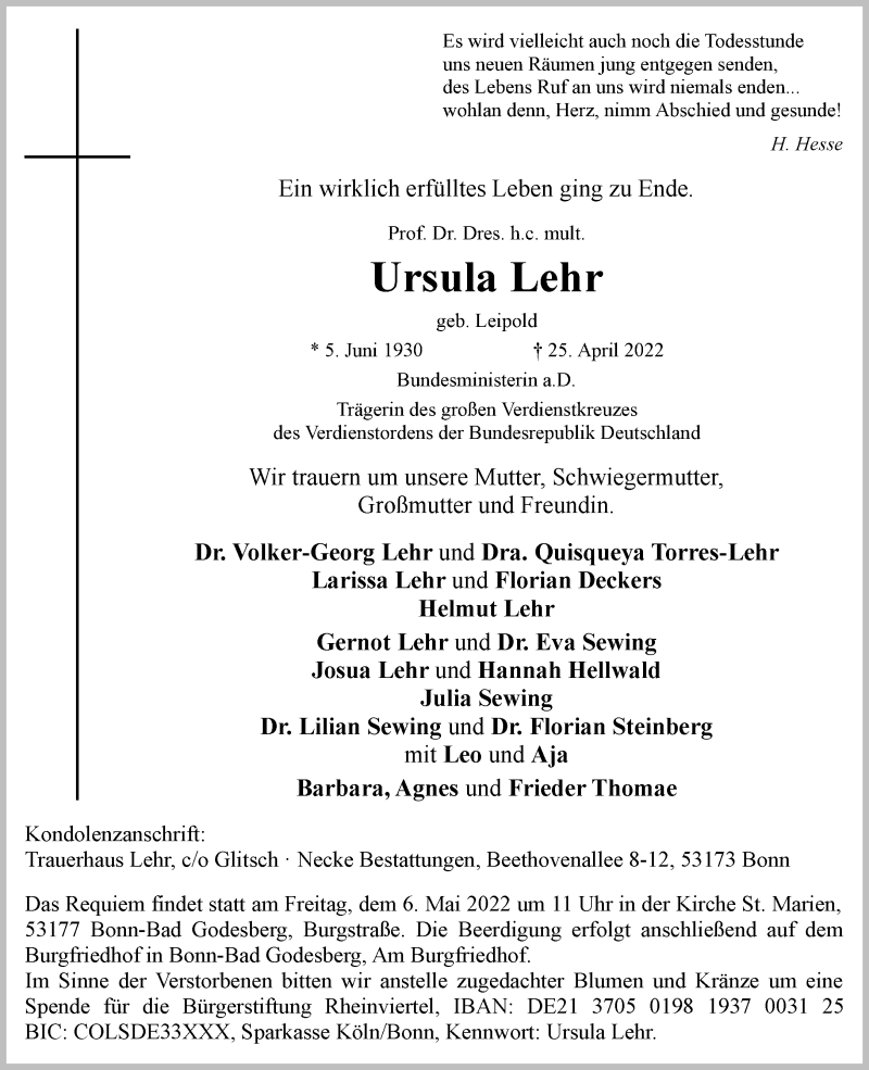  Traueranzeige für Ursula Lehr vom 30.04.2022 aus General-Anzeiger Bonn