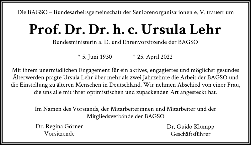  Traueranzeige für Ursula Lehr vom 30.04.2022 aus General-Anzeiger Bonn
