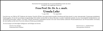 Anzeige von Ursula Lehr von General-Anzeiger Bonn