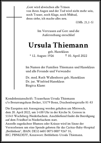 Anzeige von Ursula Thiemann von General-Anzeiger Bonn