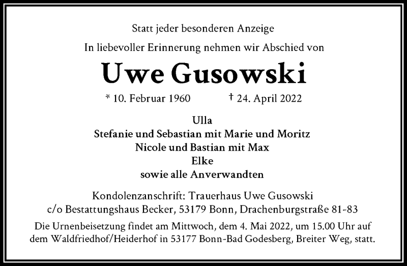  Traueranzeige für Uwe Gusowski vom 30.04.2022 aus General-Anzeiger Bonn