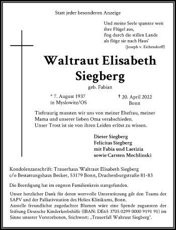 Anzeige von Waltraut Elisabeth Siegberg von General-Anzeiger Bonn