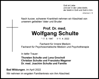 Anzeige von Wolfgang Schulte von General-Anzeiger Bonn
