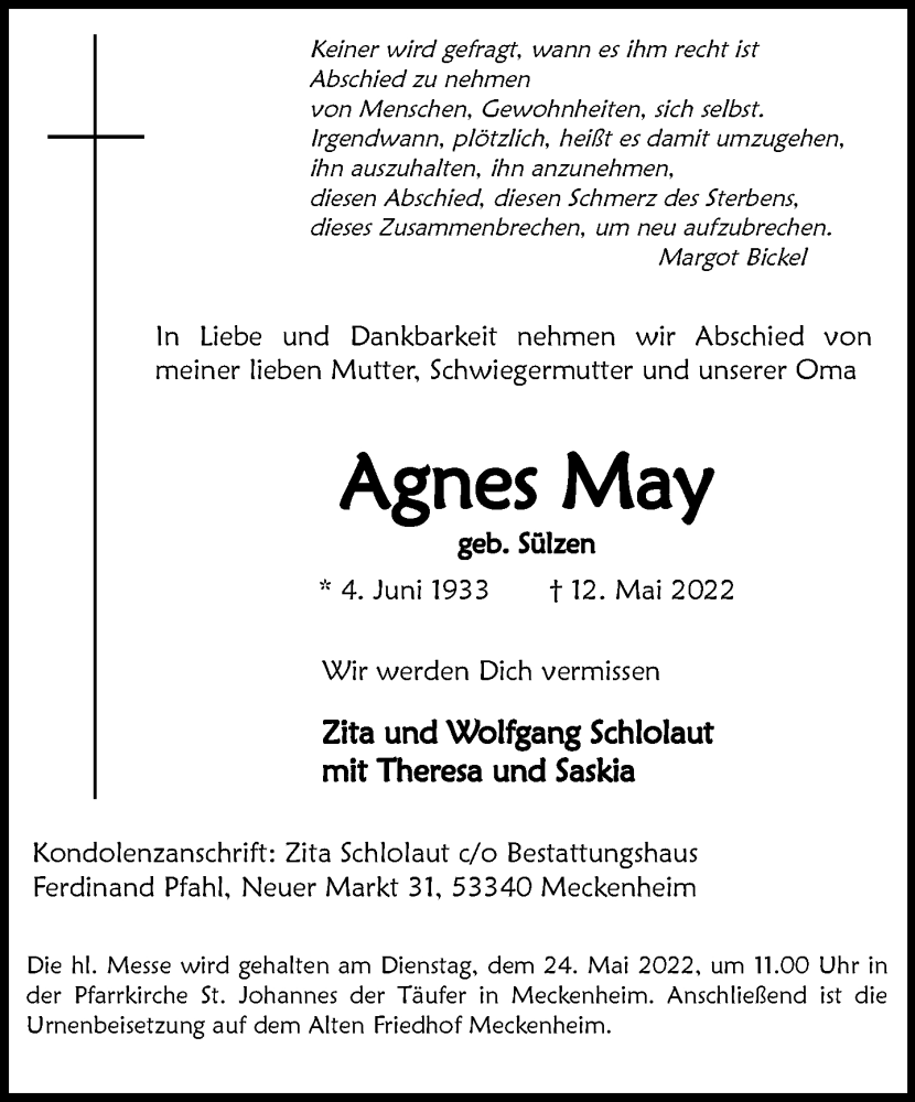  Traueranzeige für Agnes May vom 14.05.2022 aus General-Anzeiger Bonn
