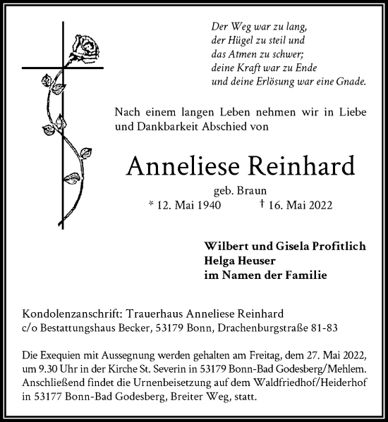 Anzeige von Anneliese Reinhard von General-Anzeiger Bonn