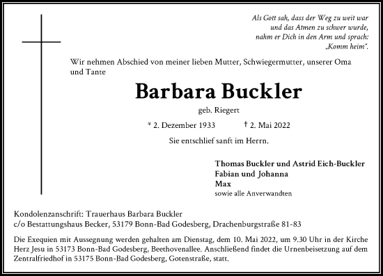 Anzeige von Barbara Buckler von General-Anzeiger Bonn