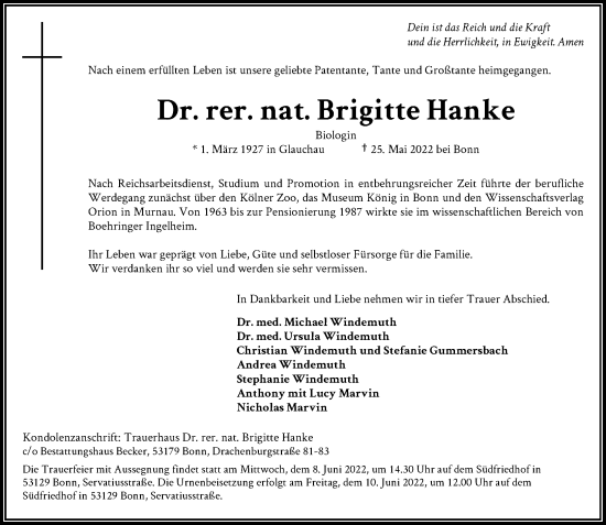 Anzeige von Brigitte Hanke von General-Anzeiger Bonn