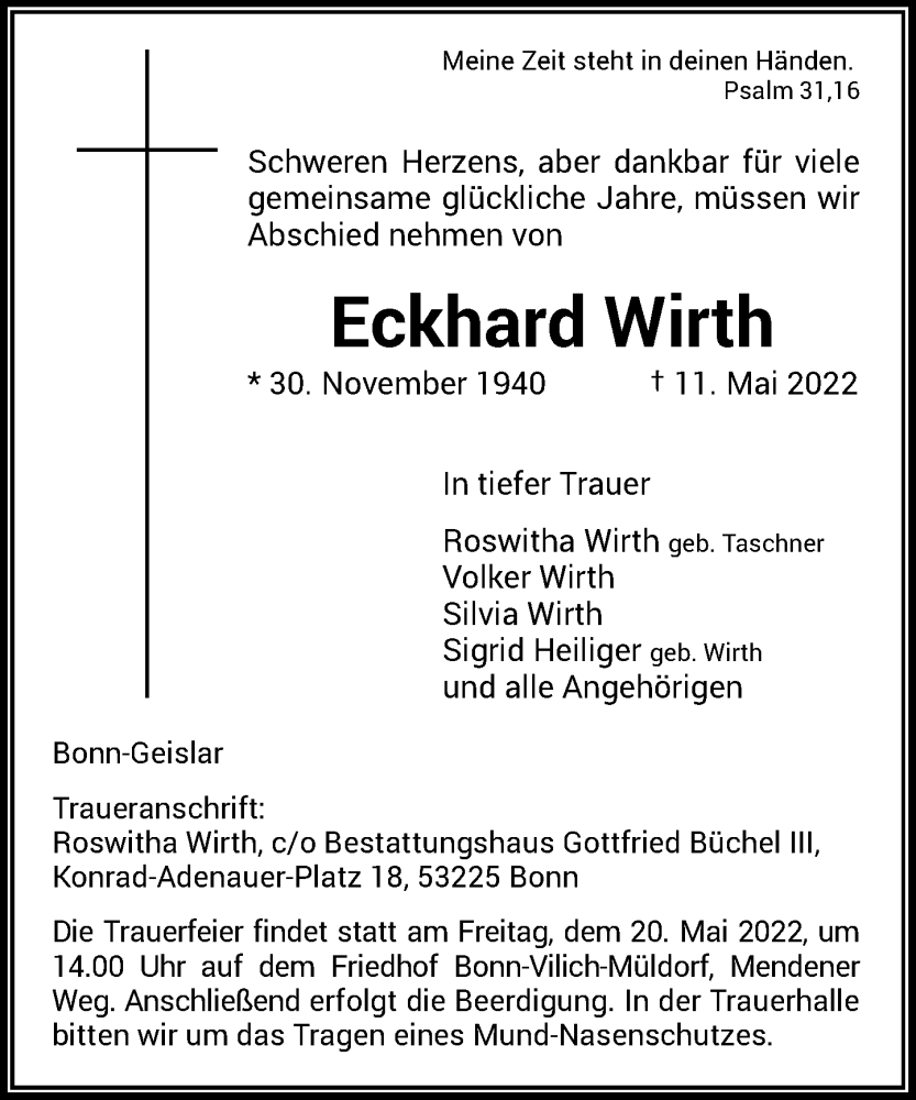  Traueranzeige für Eckhard Wirth vom 14.05.2022 aus General-Anzeiger Bonn