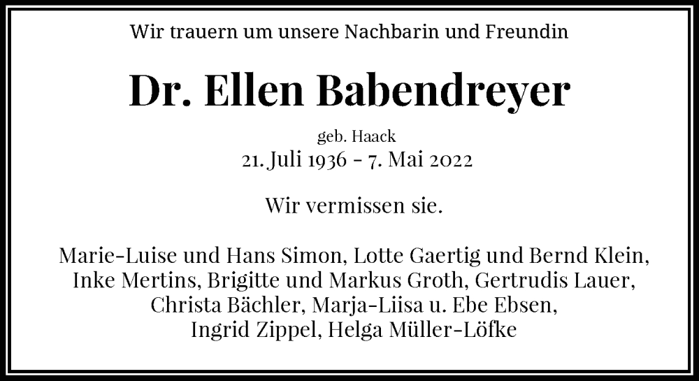  Traueranzeige für Ellen Babendreyer vom 28.05.2022 aus General-Anzeiger Bonn