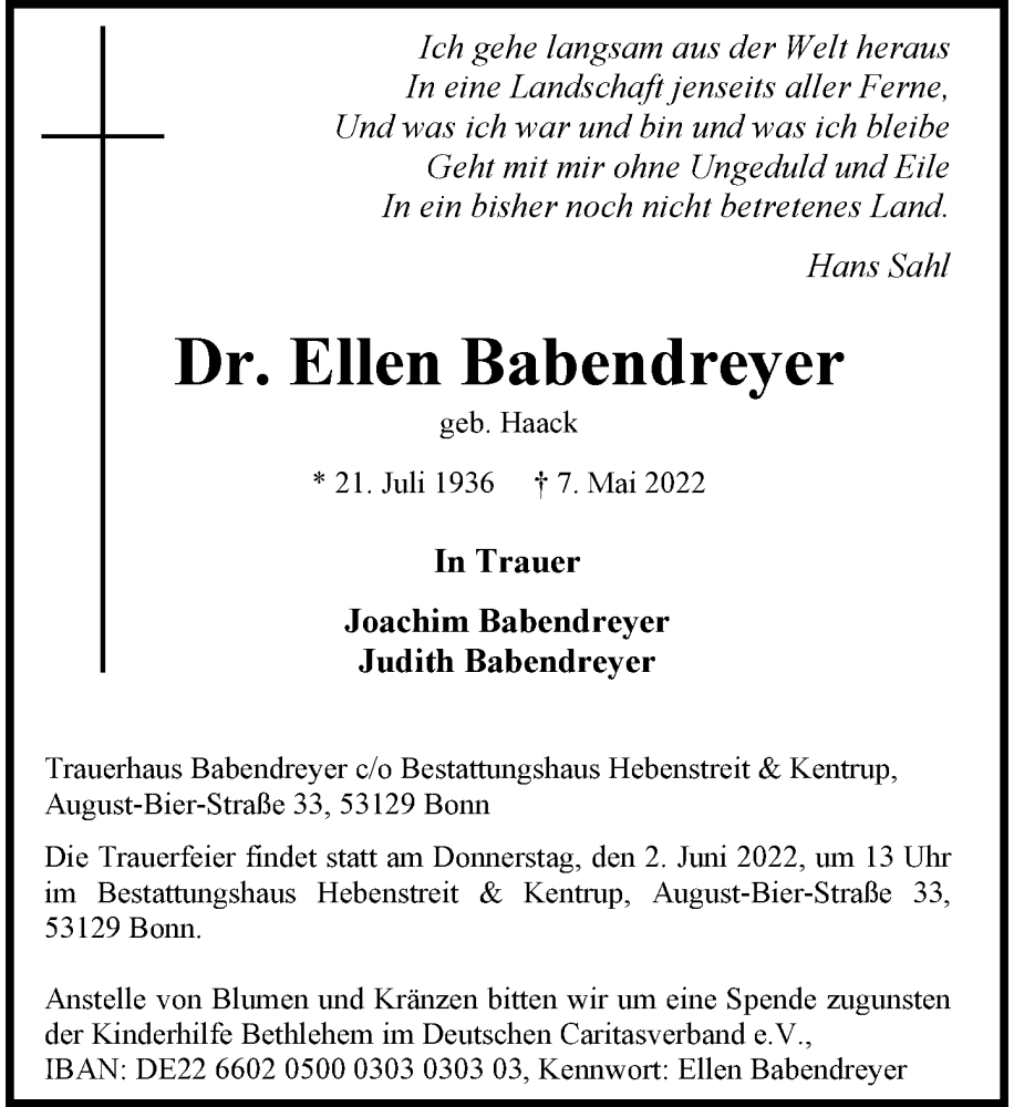  Traueranzeige für Ellen Babendreyer vom 28.05.2022 aus General-Anzeiger Bonn