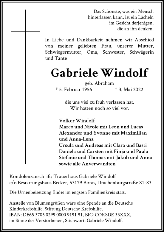 Anzeige von Gabriele Windolf von General-Anzeiger Bonn