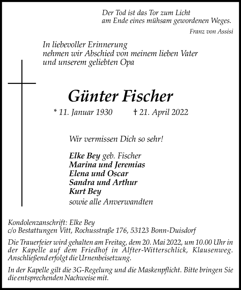  Traueranzeige für Günter Fischer vom 14.05.2022 aus General-Anzeiger Bonn