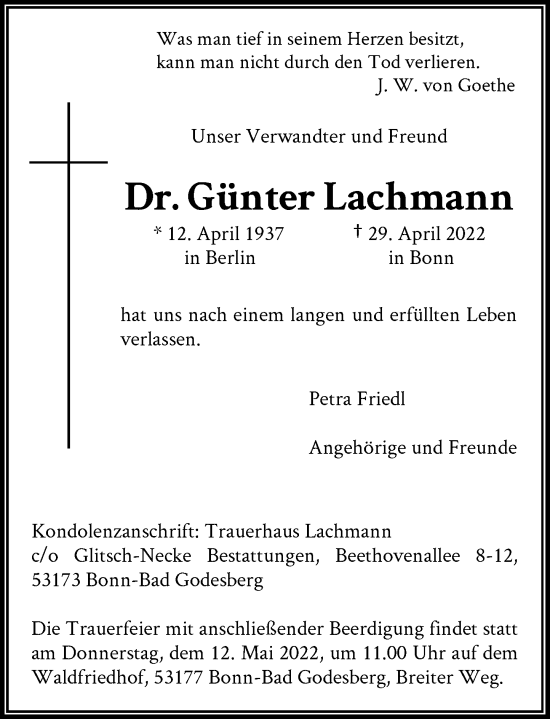 Anzeige von Günter Lachmann von General-Anzeiger Bonn