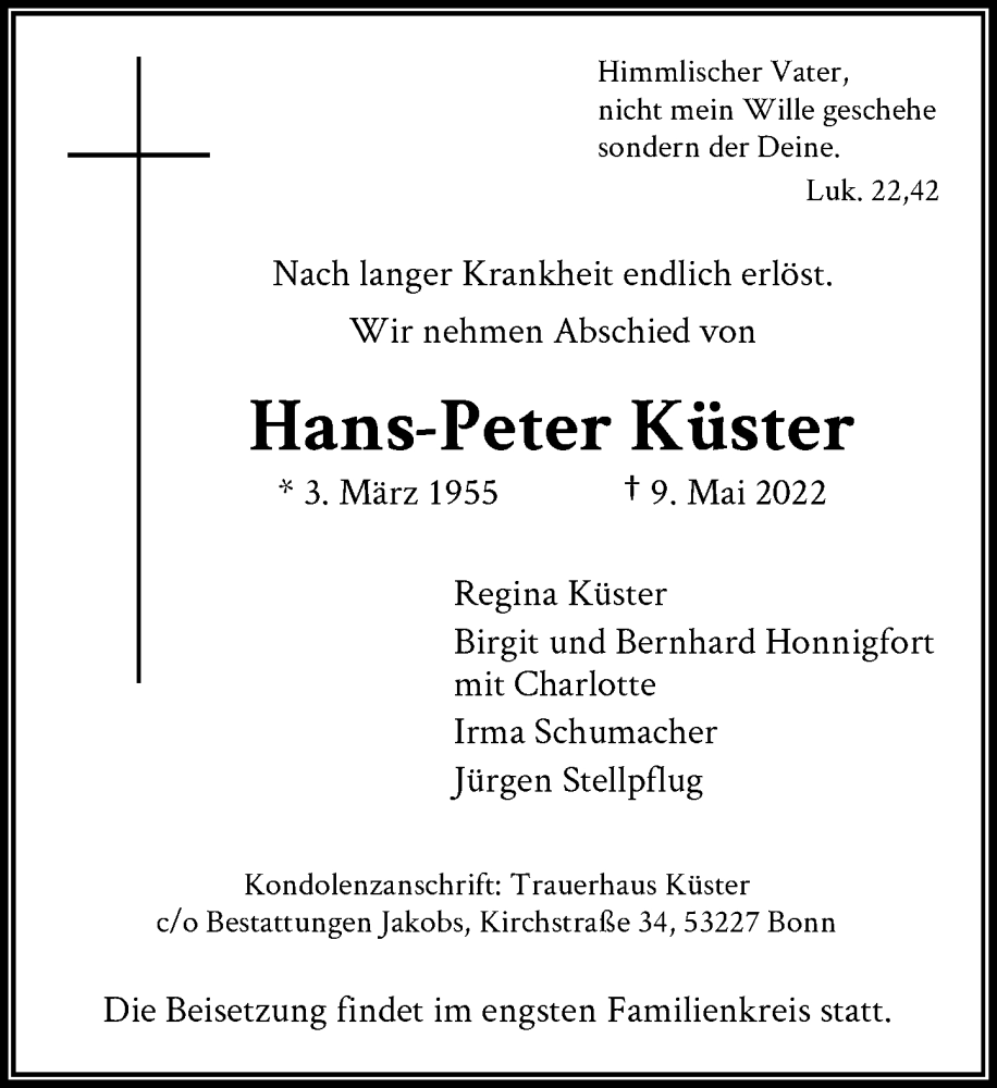  Traueranzeige für Hans-Peter Küster vom 14.05.2022 aus General-Anzeiger Bonn