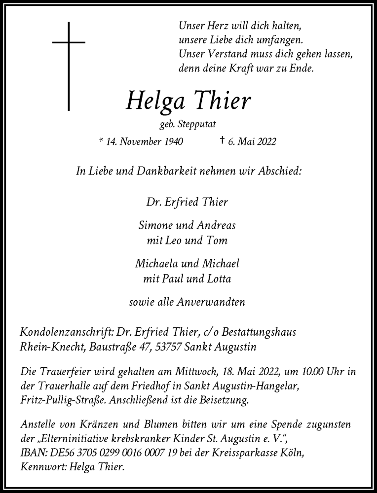  Traueranzeige für Helga Thier vom 14.05.2022 aus General-Anzeiger Bonn