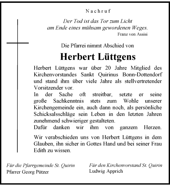 Anzeige von Herbert Lüttgens von General-Anzeiger Bonn