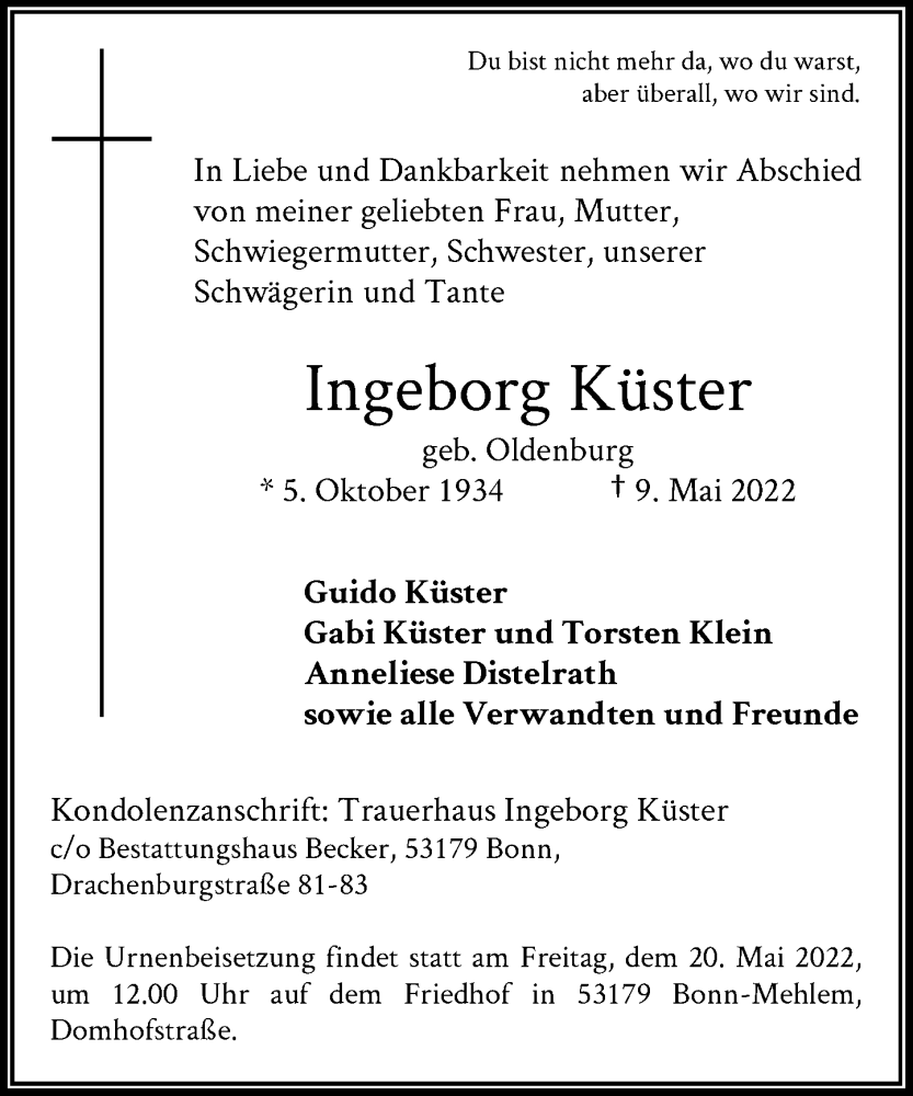  Traueranzeige für Ingeborg Küster vom 14.05.2022 aus General-Anzeiger Bonn