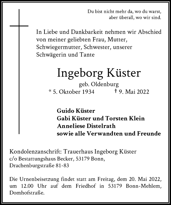 Anzeige von Ingeborg Küster von General-Anzeiger Bonn