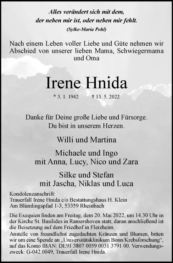 Anzeige von Irene Hnida von General-Anzeiger Bonn
