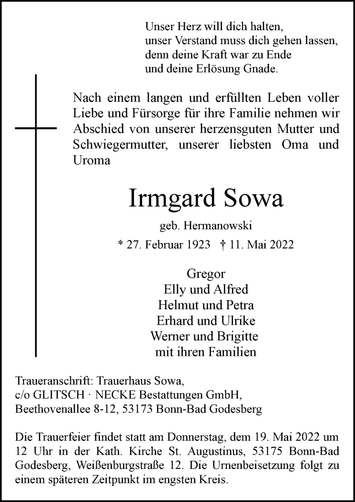  Traueranzeige für Irmgard Sowa vom 14.05.2022 aus General-Anzeiger Bonn