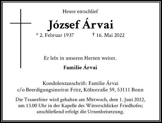 Anzeige von Jözsef Árvai von General-Anzeiger Bonn
