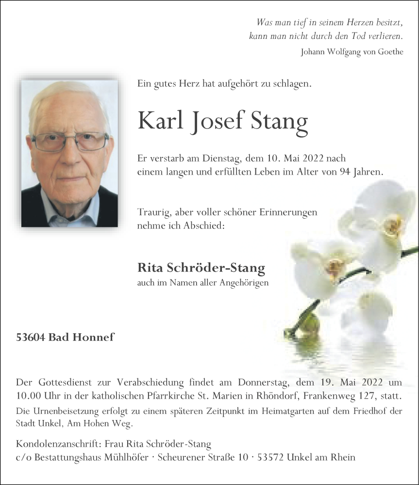  Traueranzeige für Karl Josef Stang vom 14.05.2022 aus General-Anzeiger Bonn